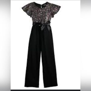 Girls size L black short sleeve  jumpsuit with multi-colored sequin top